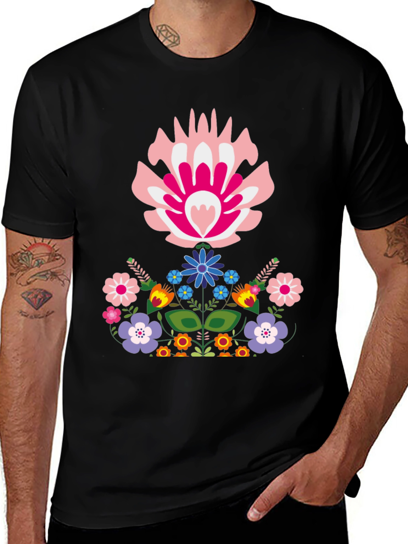 Floral Folk Art Graphic Tee - Black