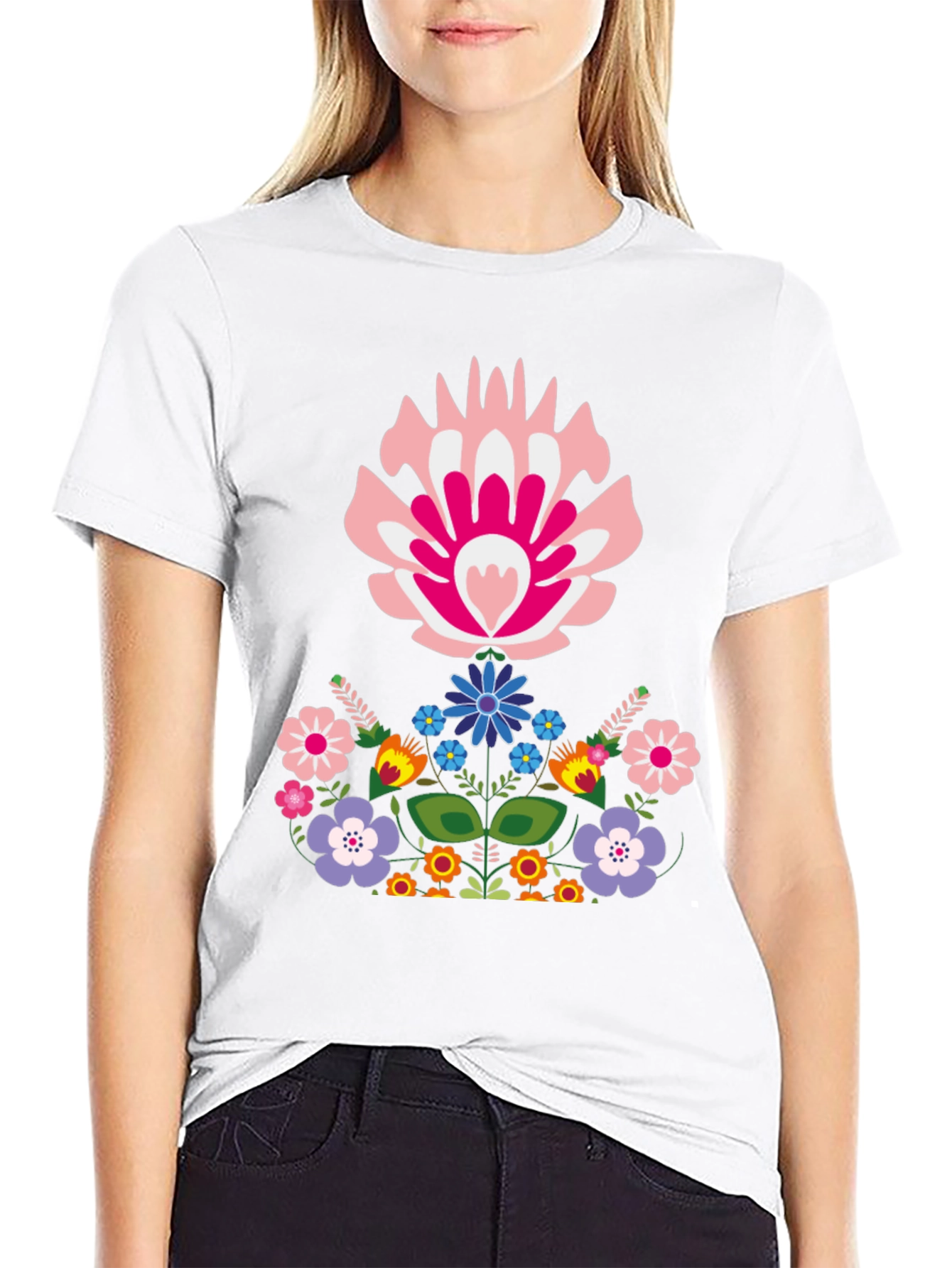 Floral Folk Art Graphic Tee - Black