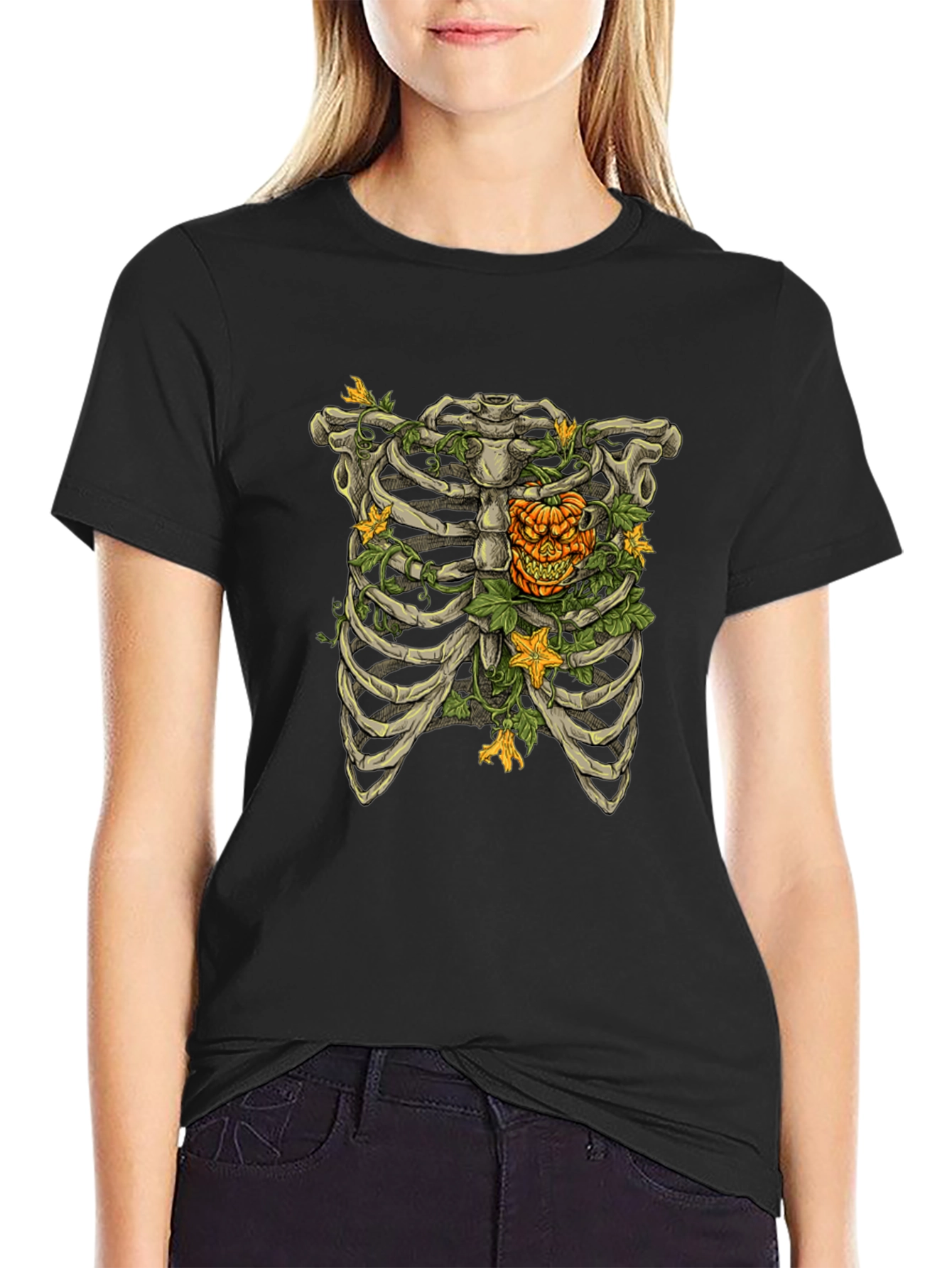 Skeleton Rib Cage Pumpkin Halloween Graphic Tee