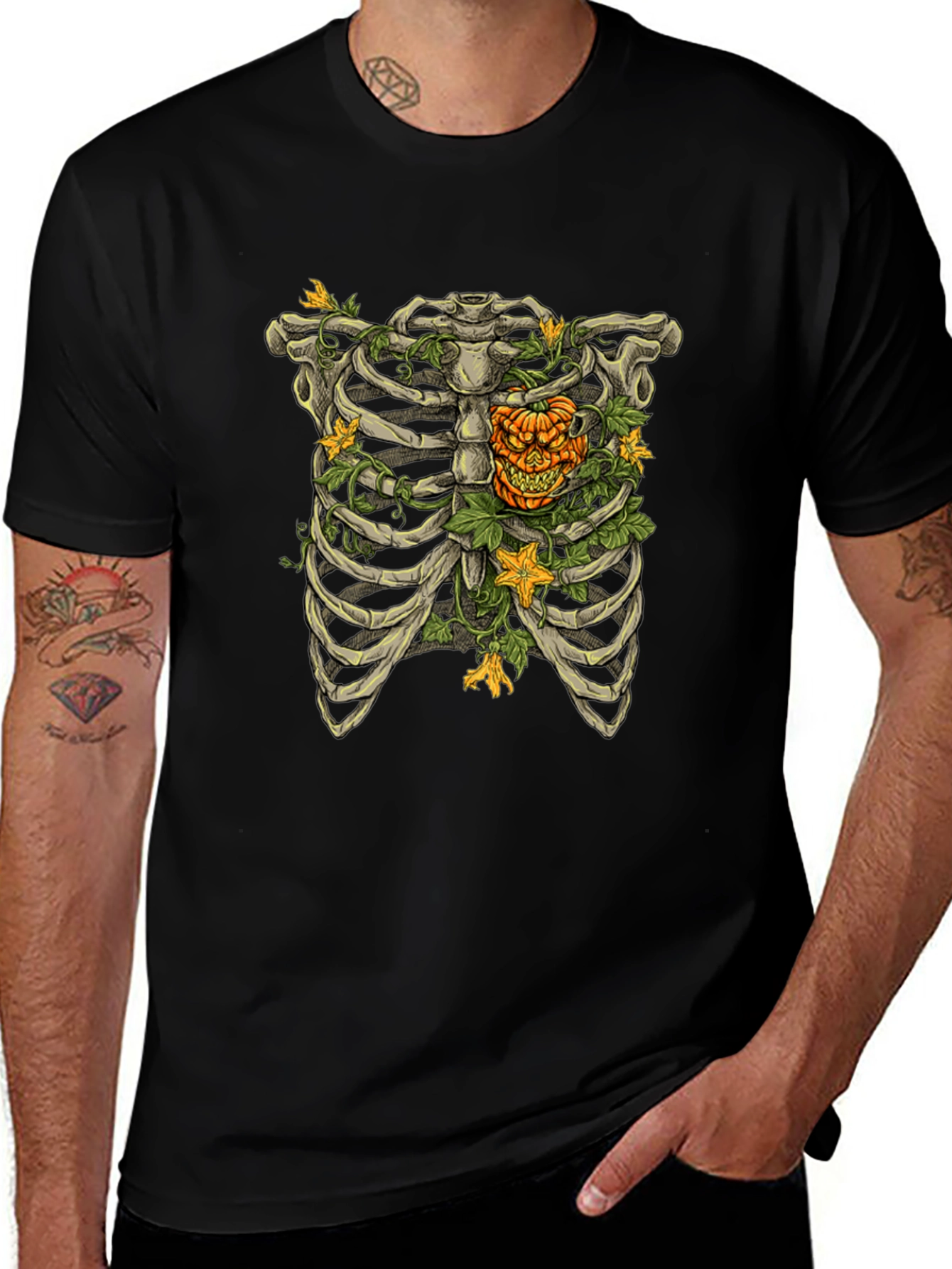 Skeleton Rib Cage Pumpkin Halloween Graphic Tee