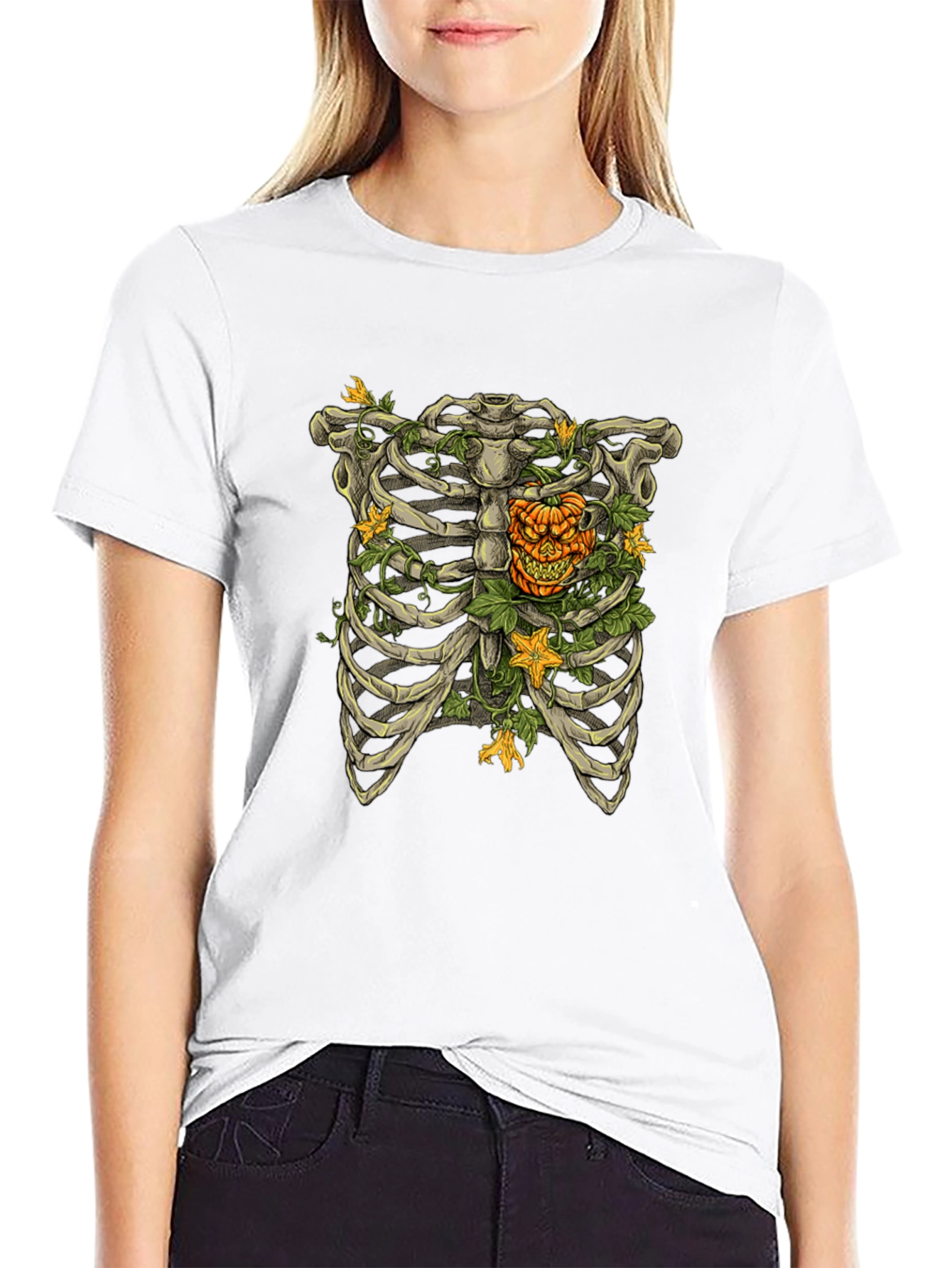 Skeleton Rib Cage Pumpkin Halloween Graphic Tee