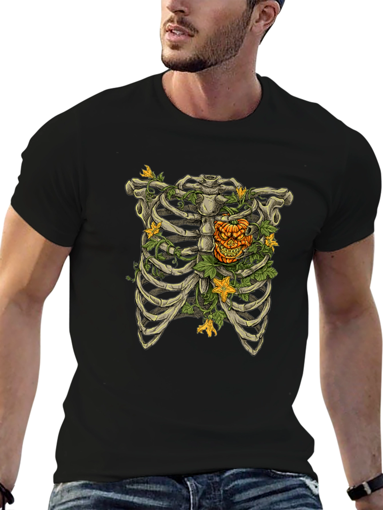 Skeleton Rib Cage Pumpkin Halloween Graphic Tee