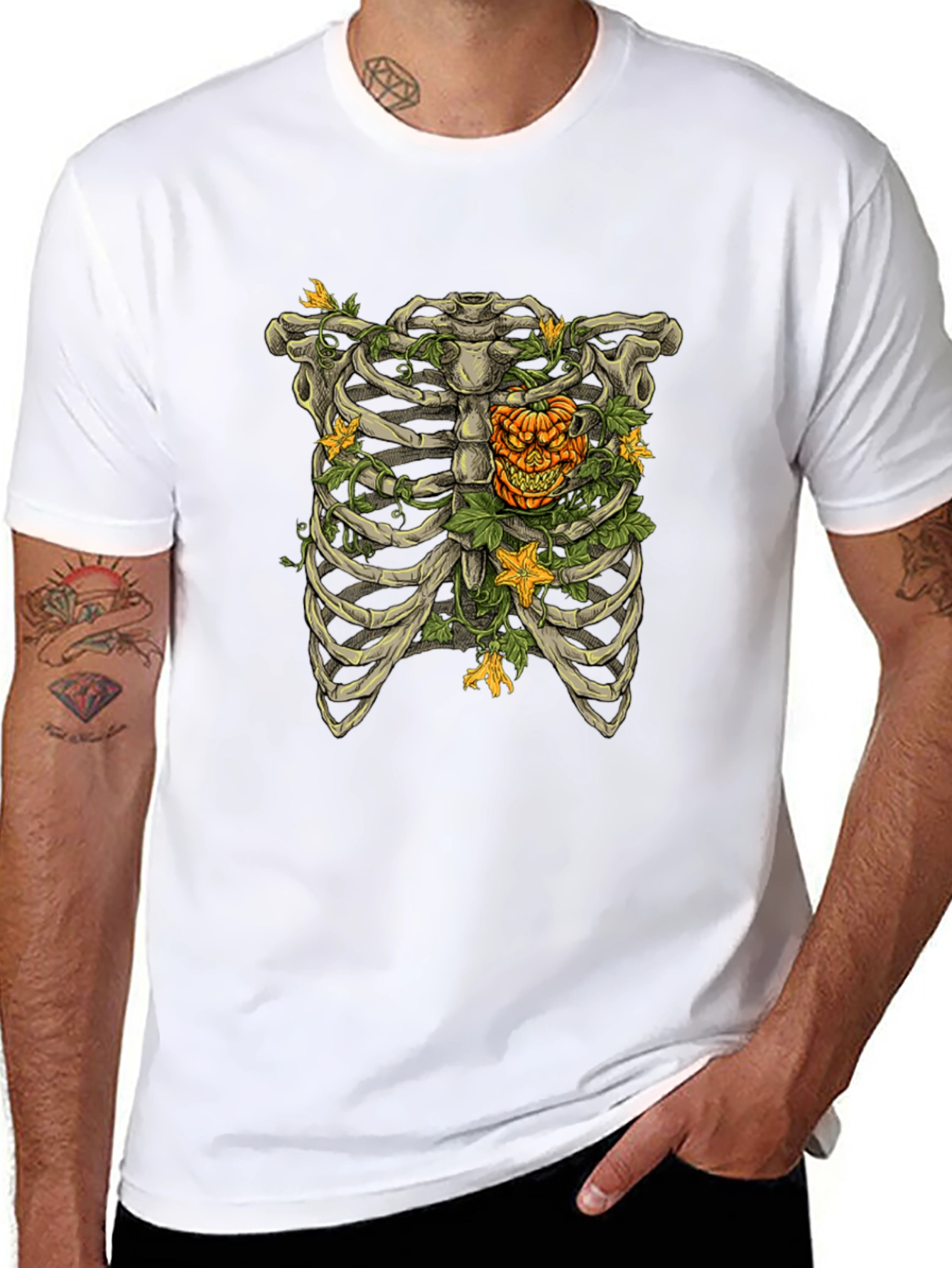 Skeleton Rib Cage Pumpkin Halloween Graphic Tee
