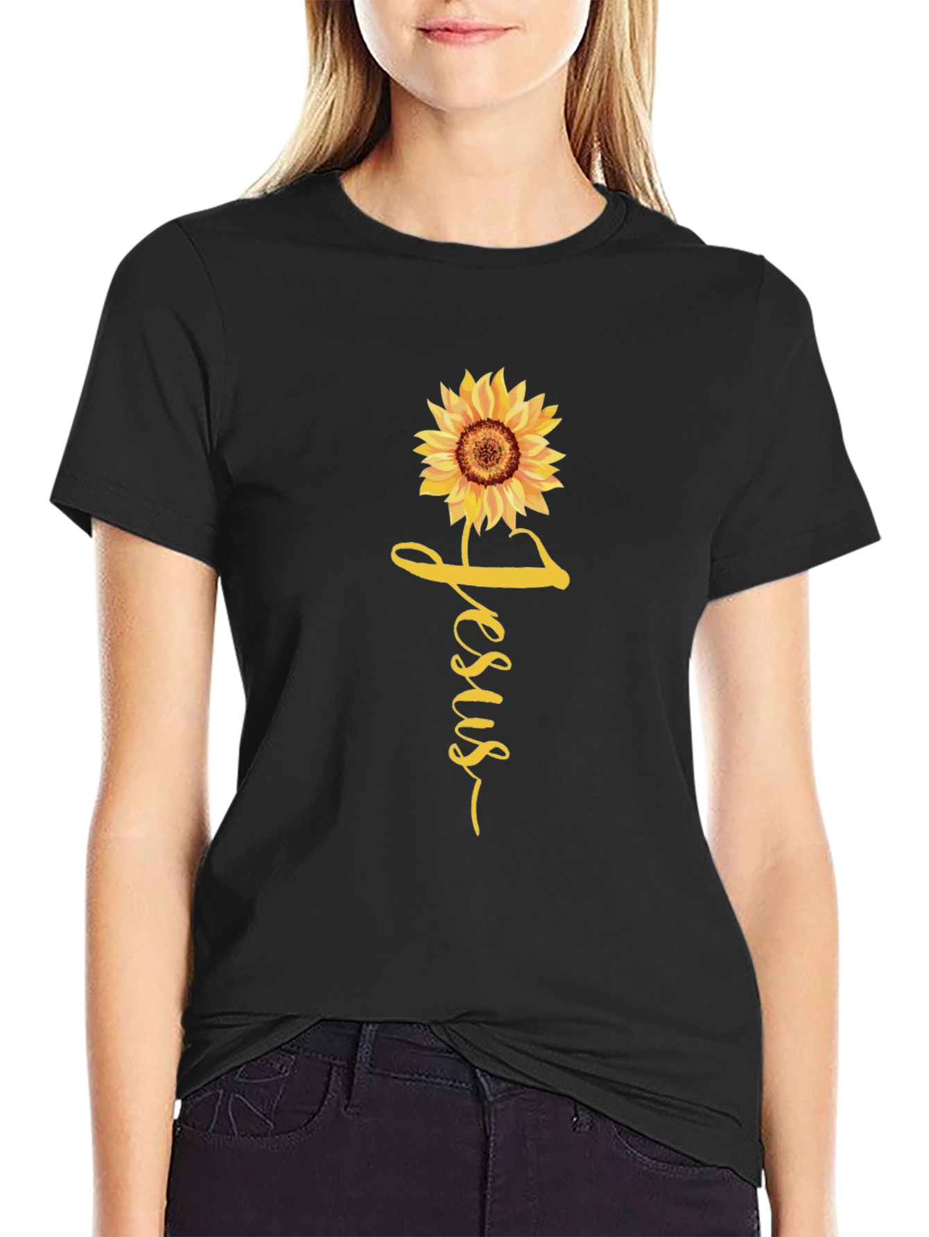 Jesus Sunflower Graphic Tee - Black Casual T-Shirt