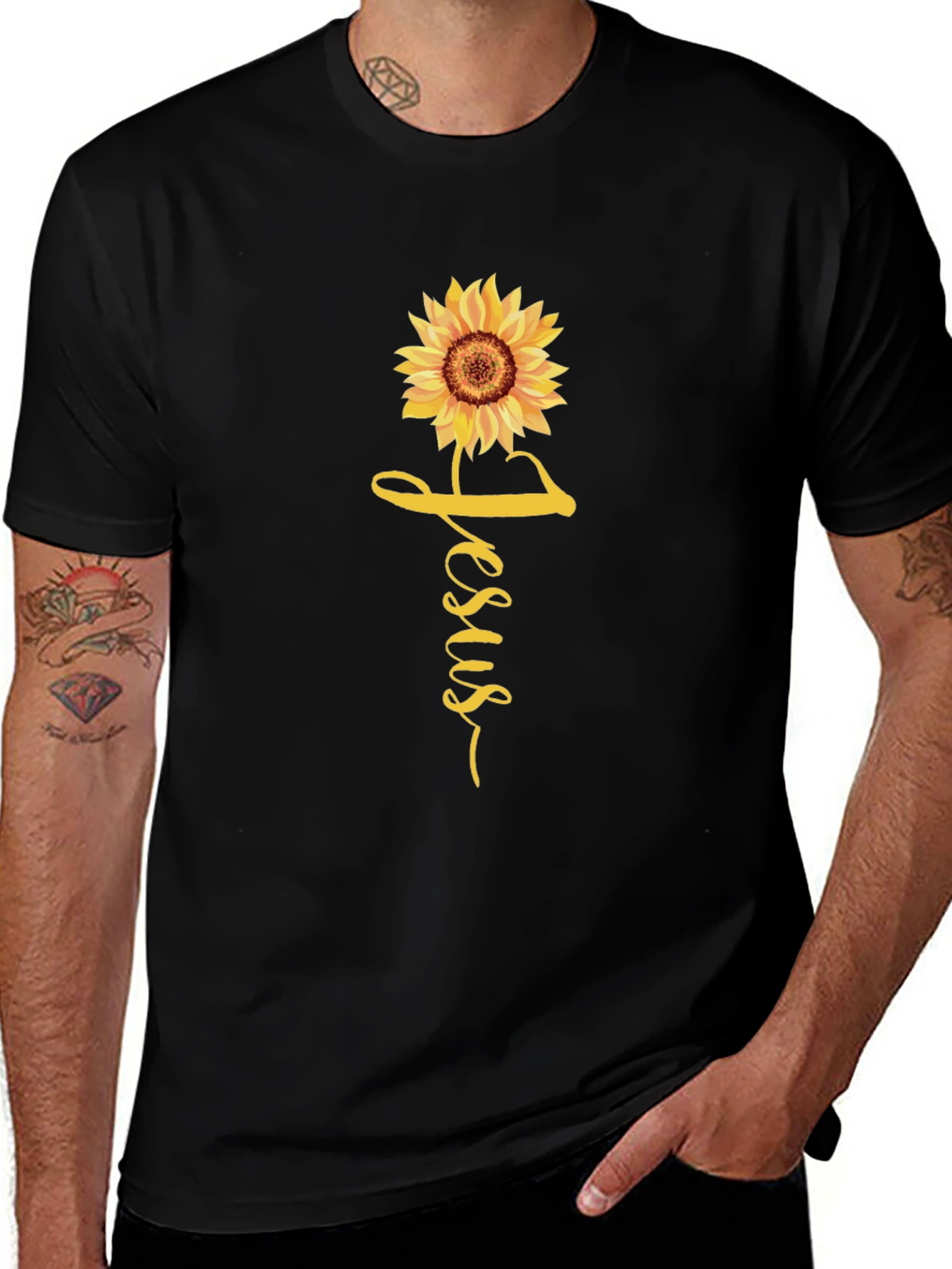 Jesus Sunflower Graphic Tee - Black Casual T-Shirt