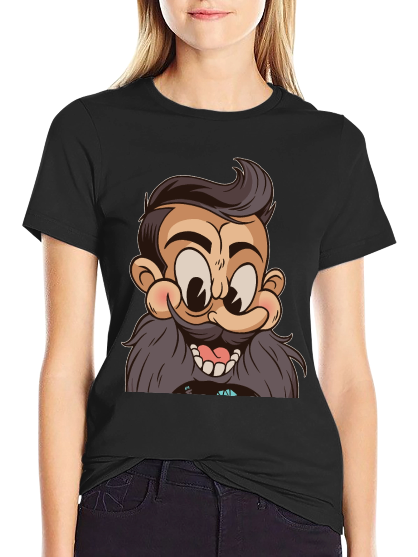 Cartoon Beard Man Black T-Shirt