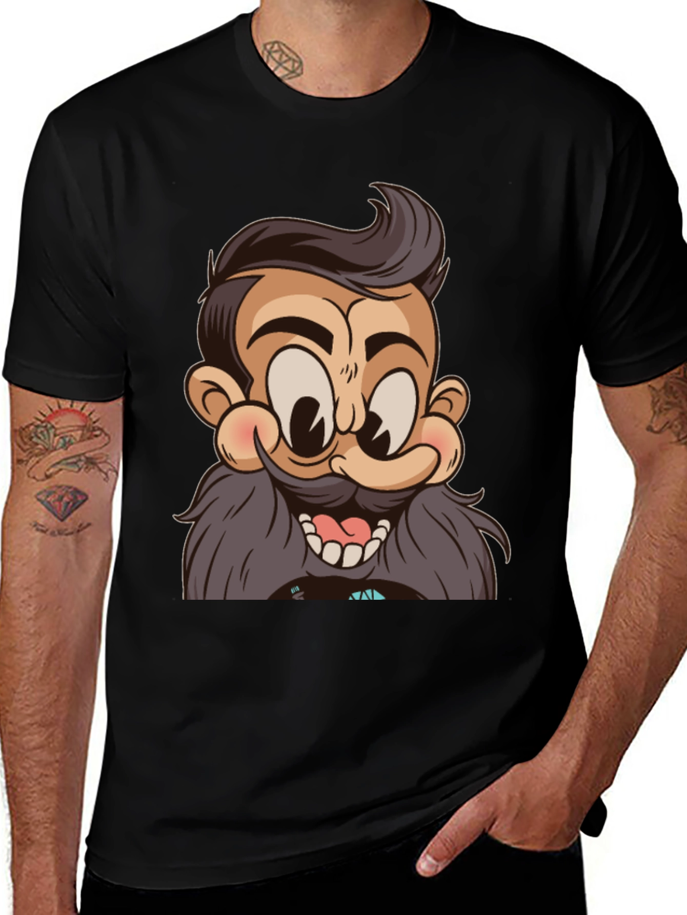Cartoon Beard Man Black T-Shirt