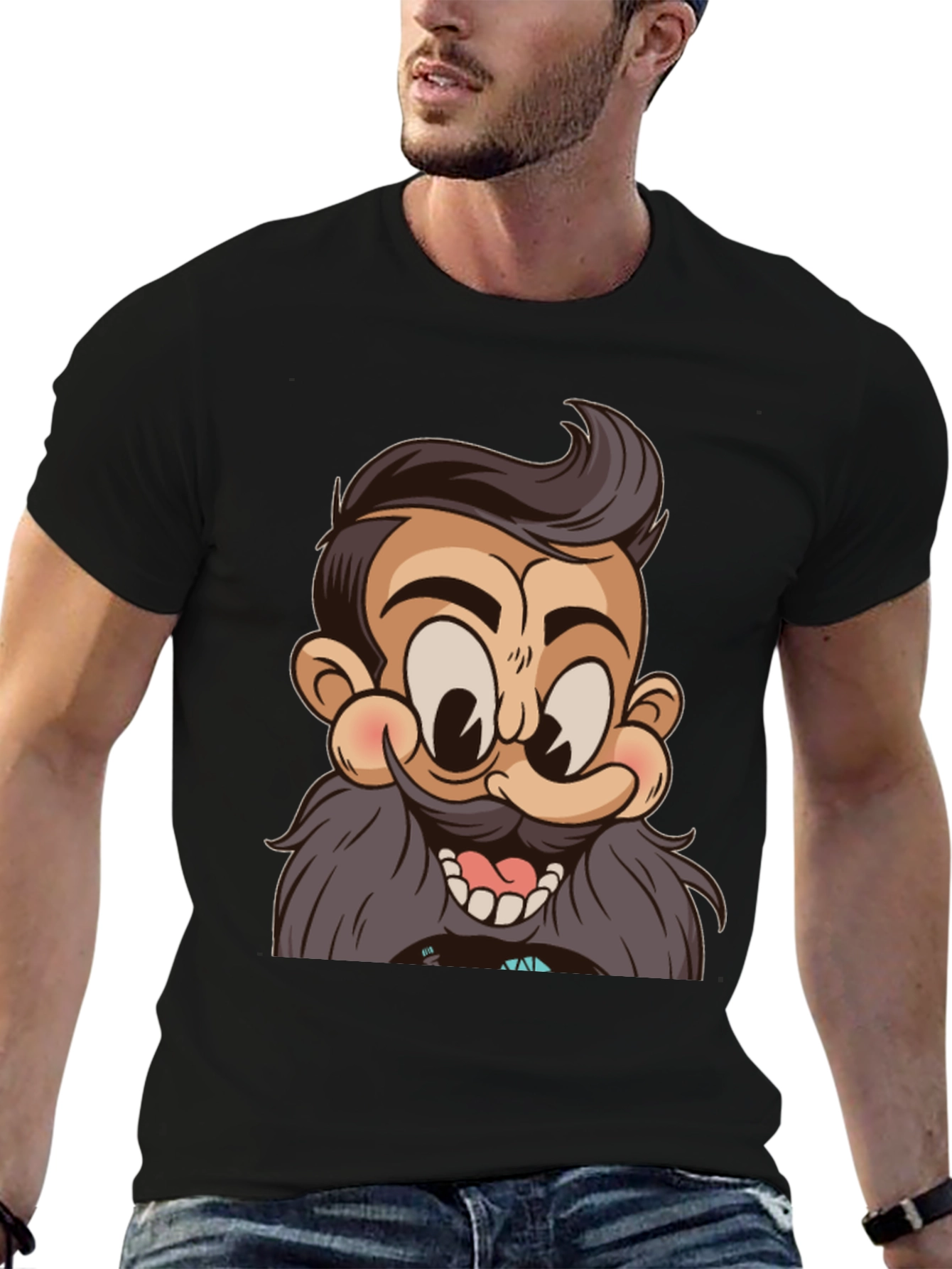 Cartoon Beard Man Black T-Shirt