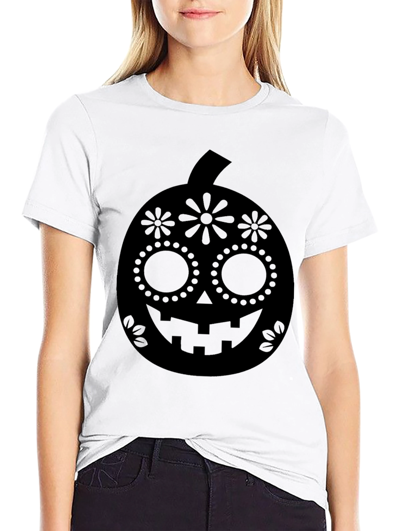 Halloween Pumpkin Sugar Skull Graphic Tee - Black