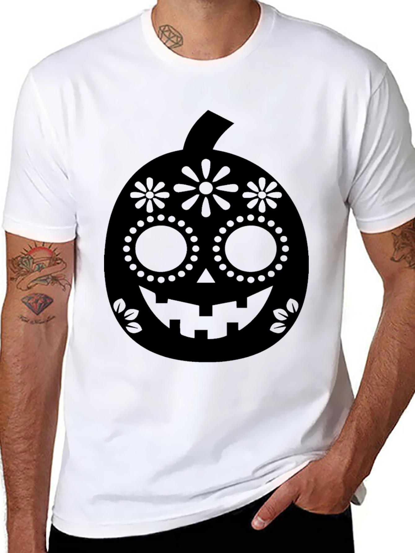 Halloween Pumpkin Sugar Skull Graphic Tee - Black