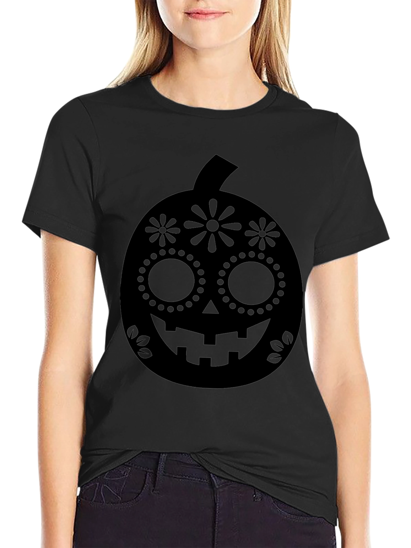 Halloween Pumpkin Sugar Skull Graphic Tee - Black