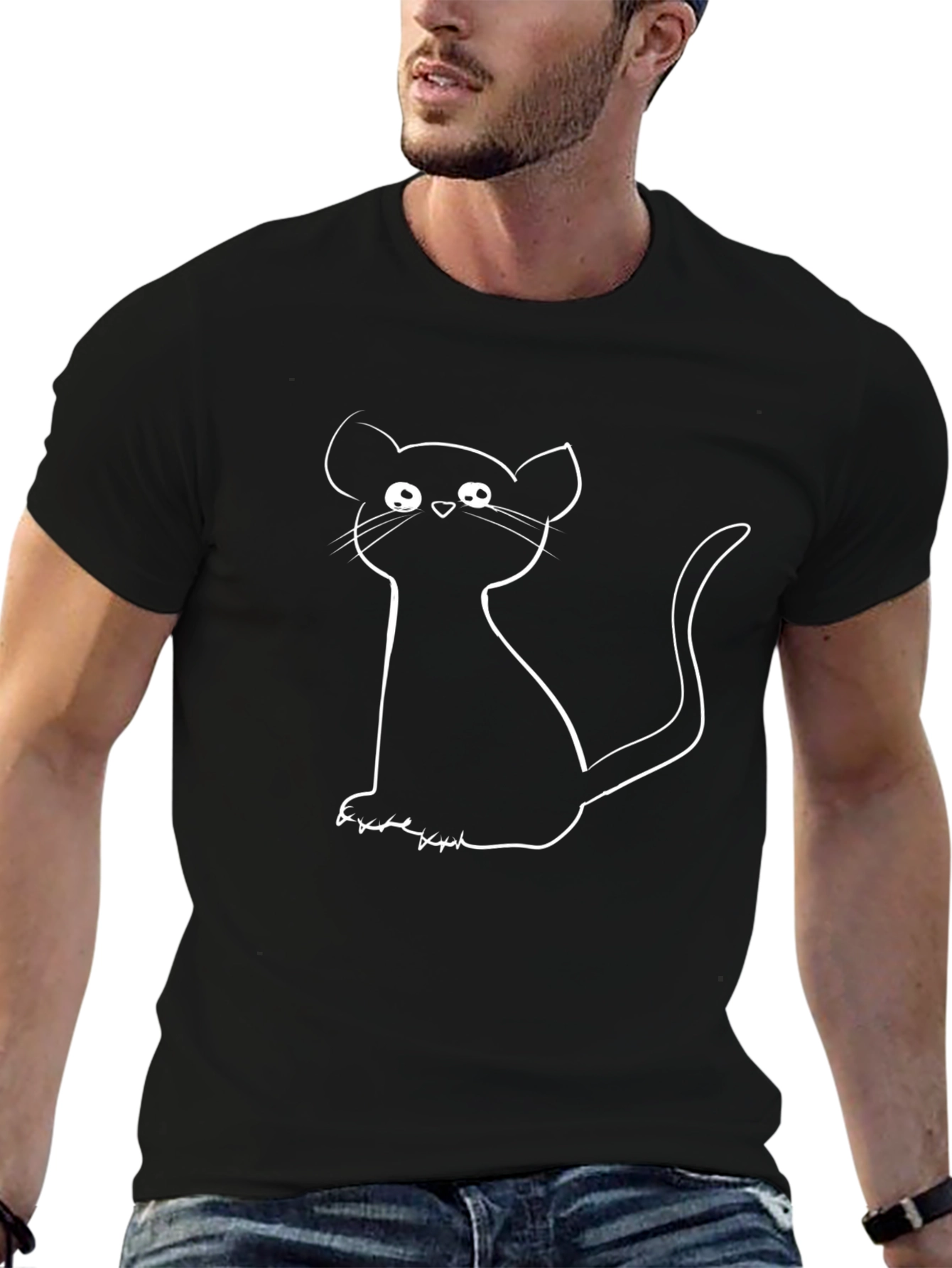 Cartoon Cat Graphic Tee - Black