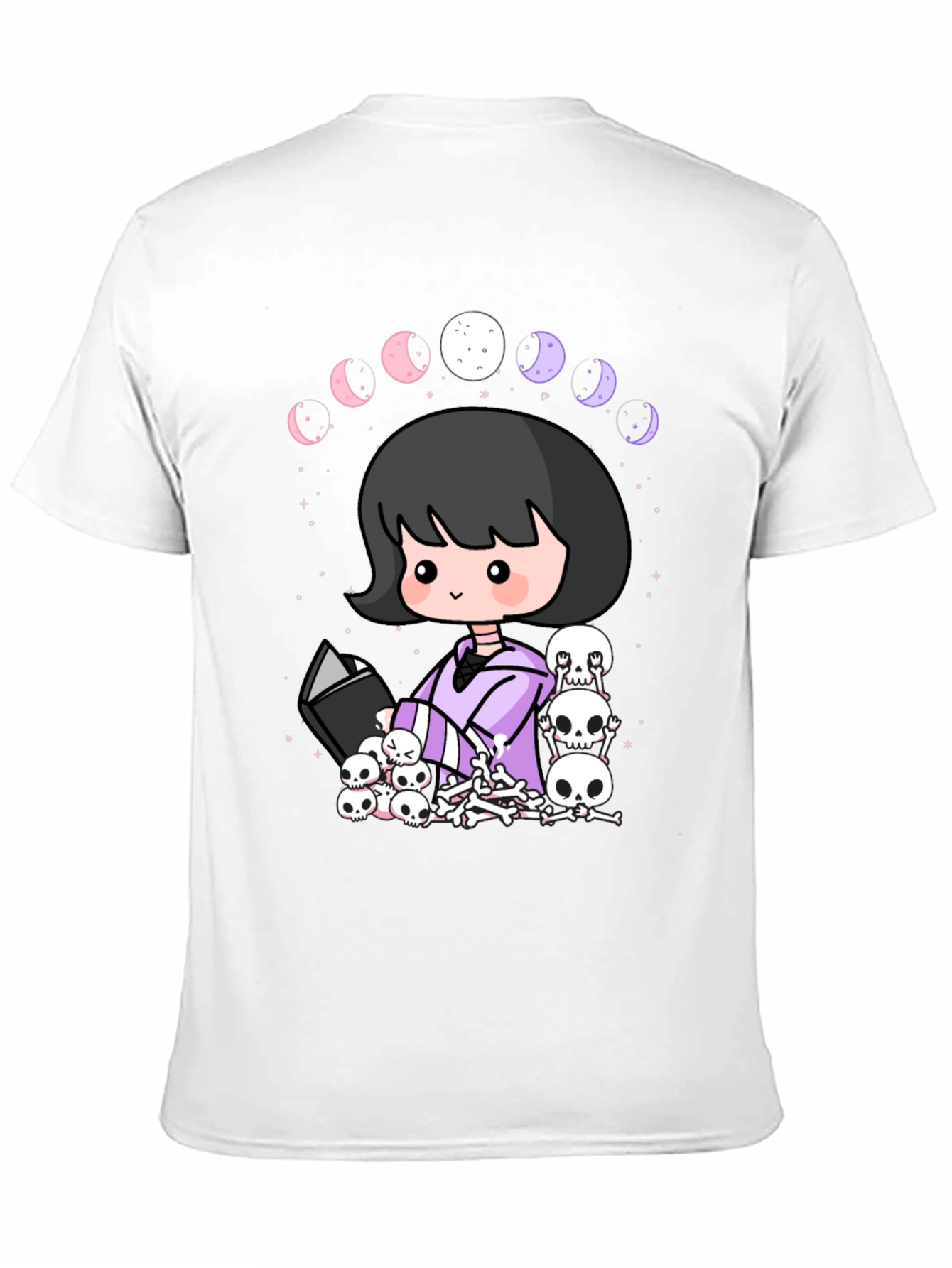 Kawaii Gothic Girl Moon Phases Skulls Black T-Shirt