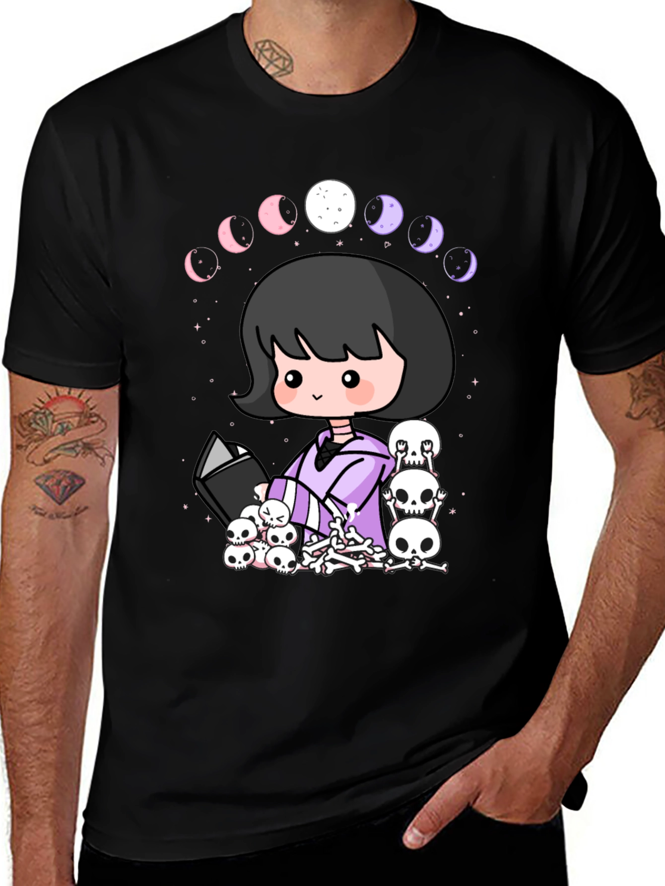 Kawaii Gothic Girl Moon Phases Skulls Black T-Shirt
