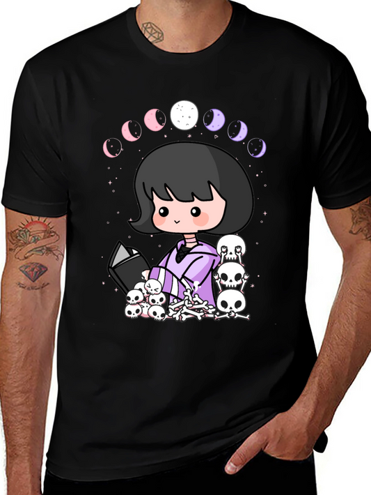 Kawaii Gothic Girl Moon Phases Skulls Black T-Shirt