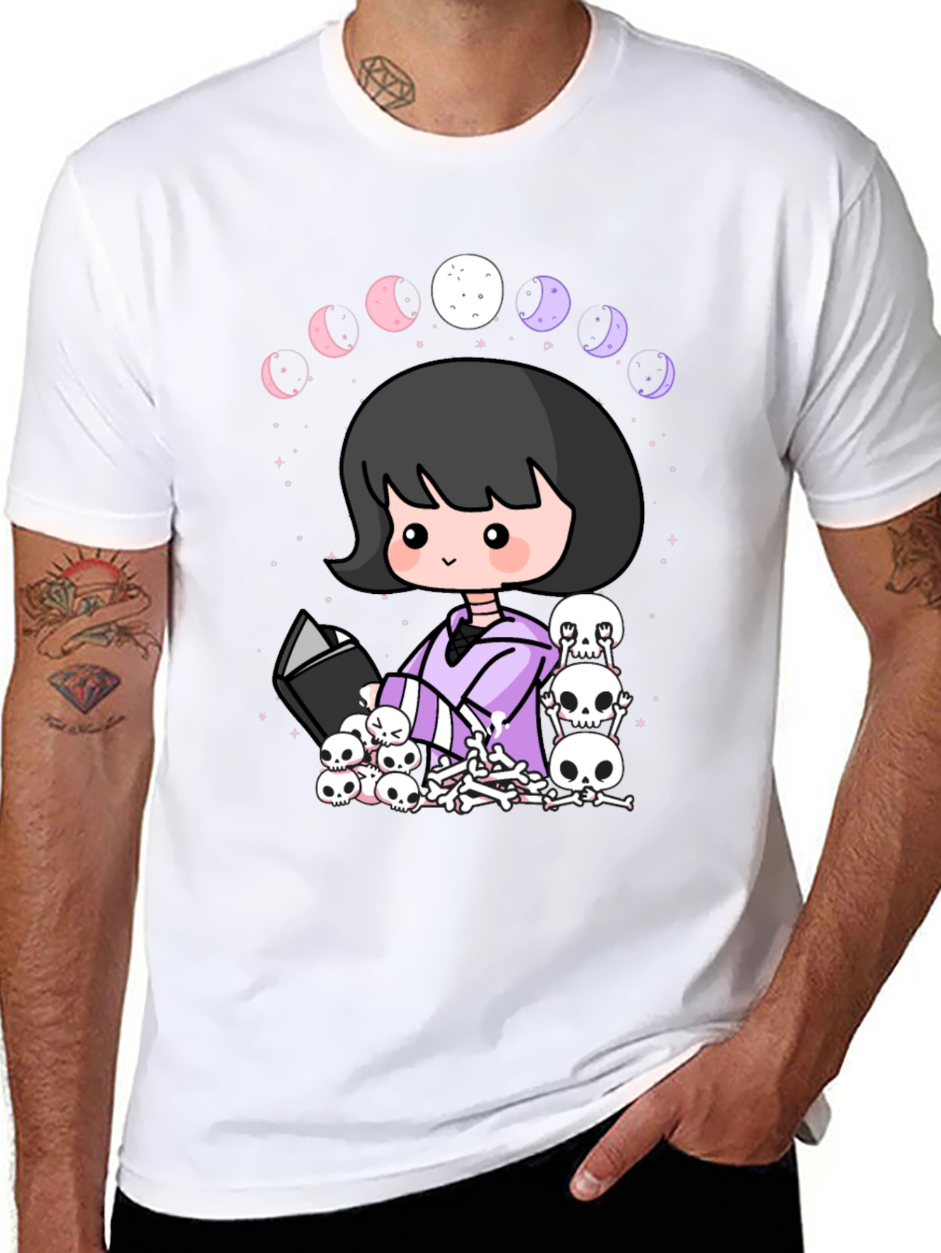 Kawaii Gothic Girl Moon Phases Skulls Black T-Shirt