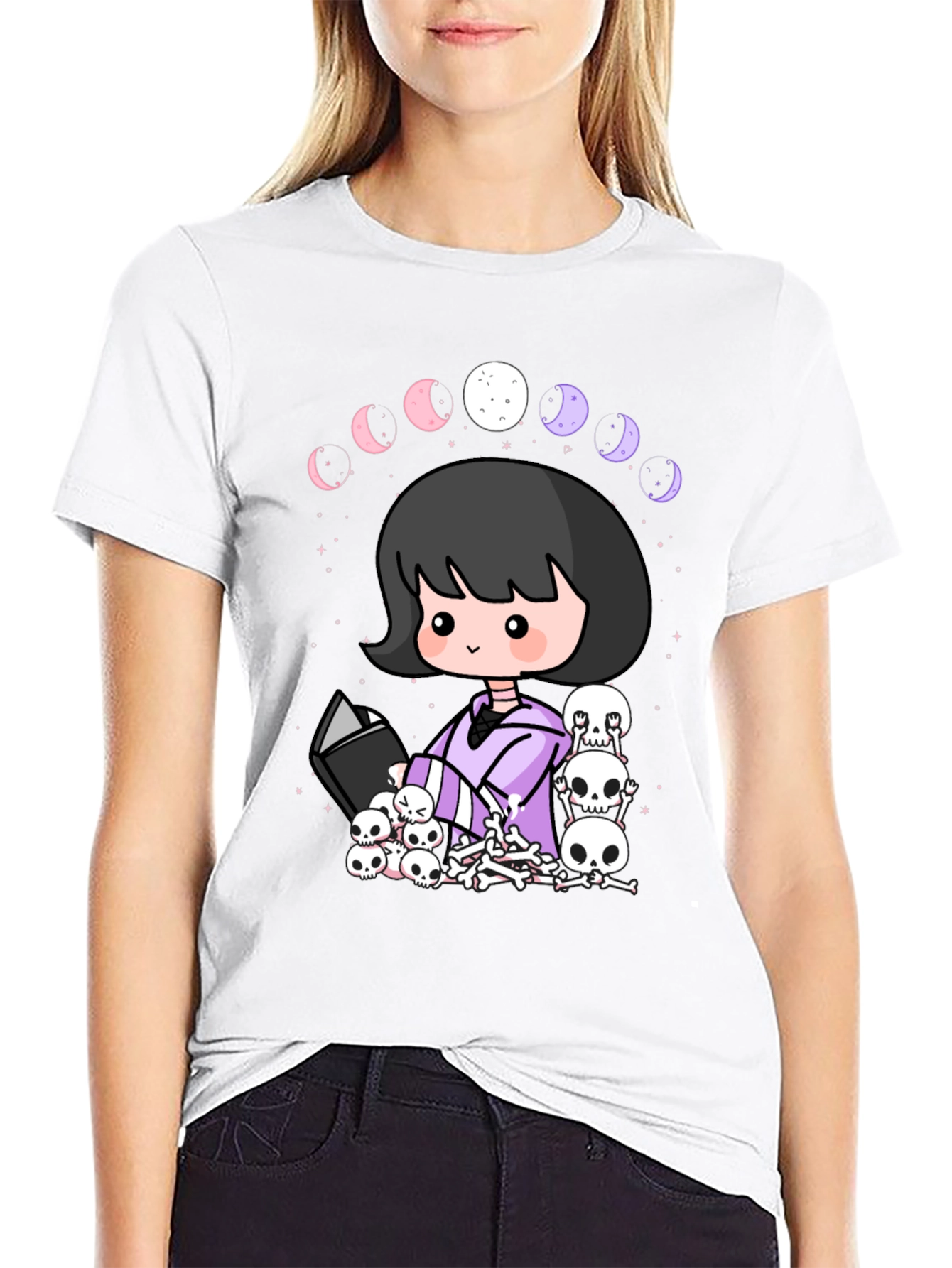 Kawaii Gothic Girl Moon Phases Skulls Black T-Shirt