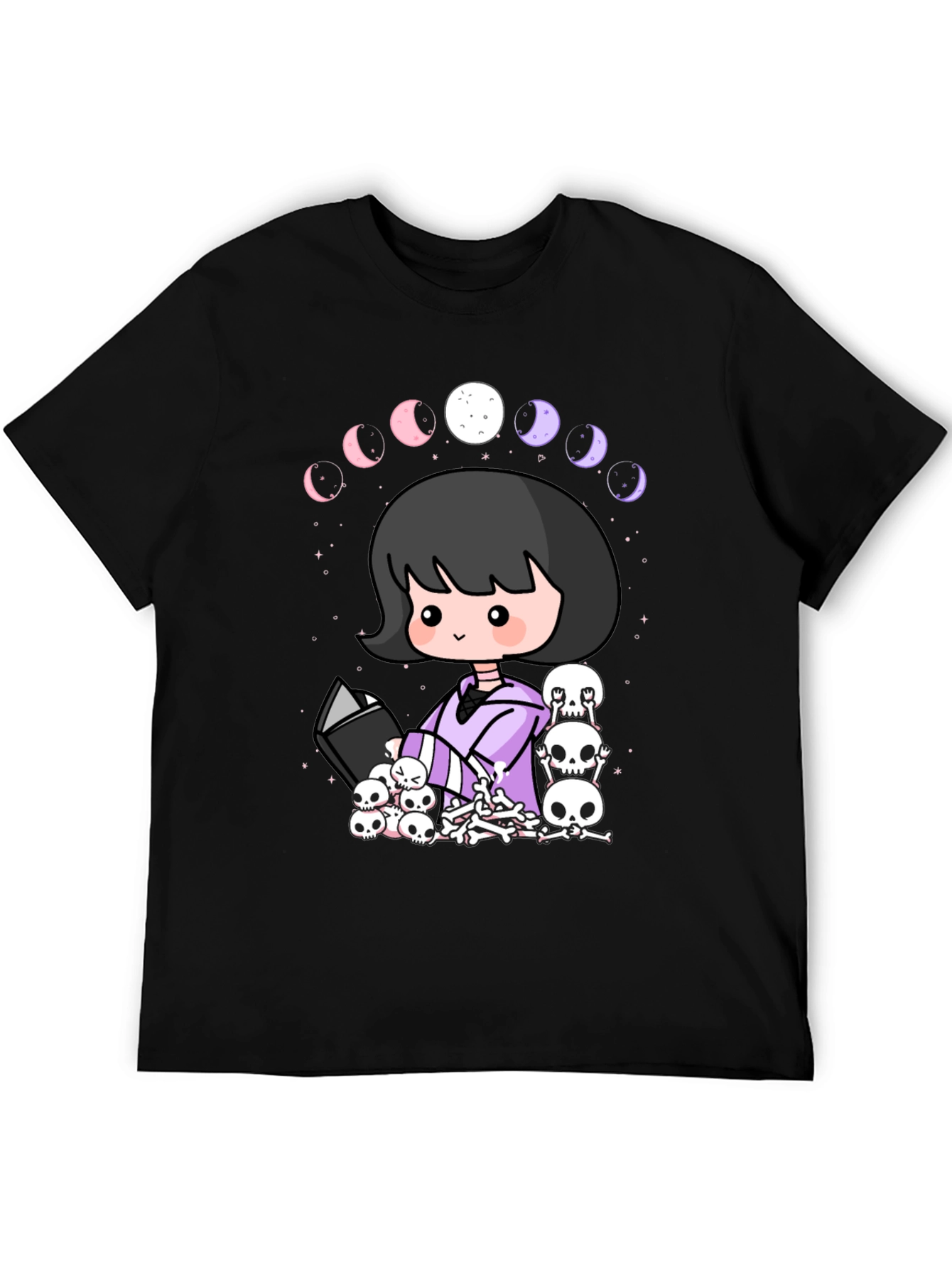 Kawaii Gothic Girl Moon Phases Skulls Black T-Shirt