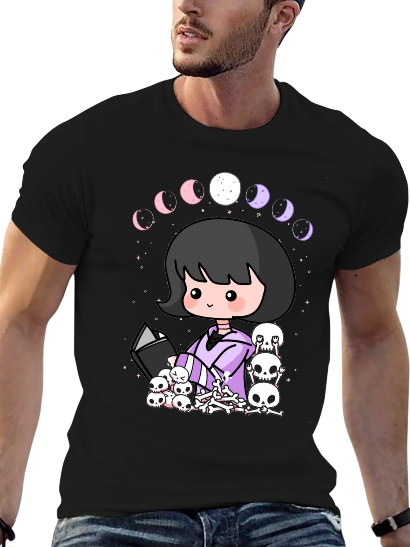Kawaii Gothic Girl Moon Phases Skulls Black T-Shirt
