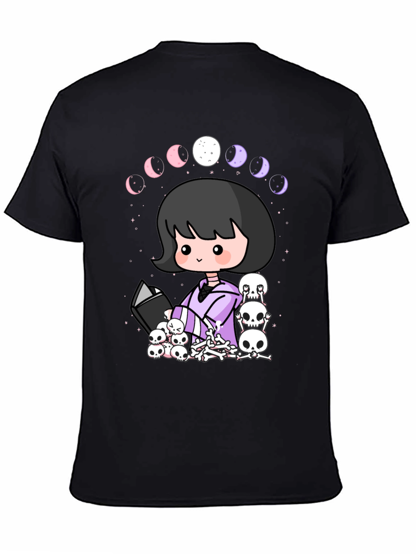 Kawaii Gothic Girl Moon Phases Skulls Black T-Shirt