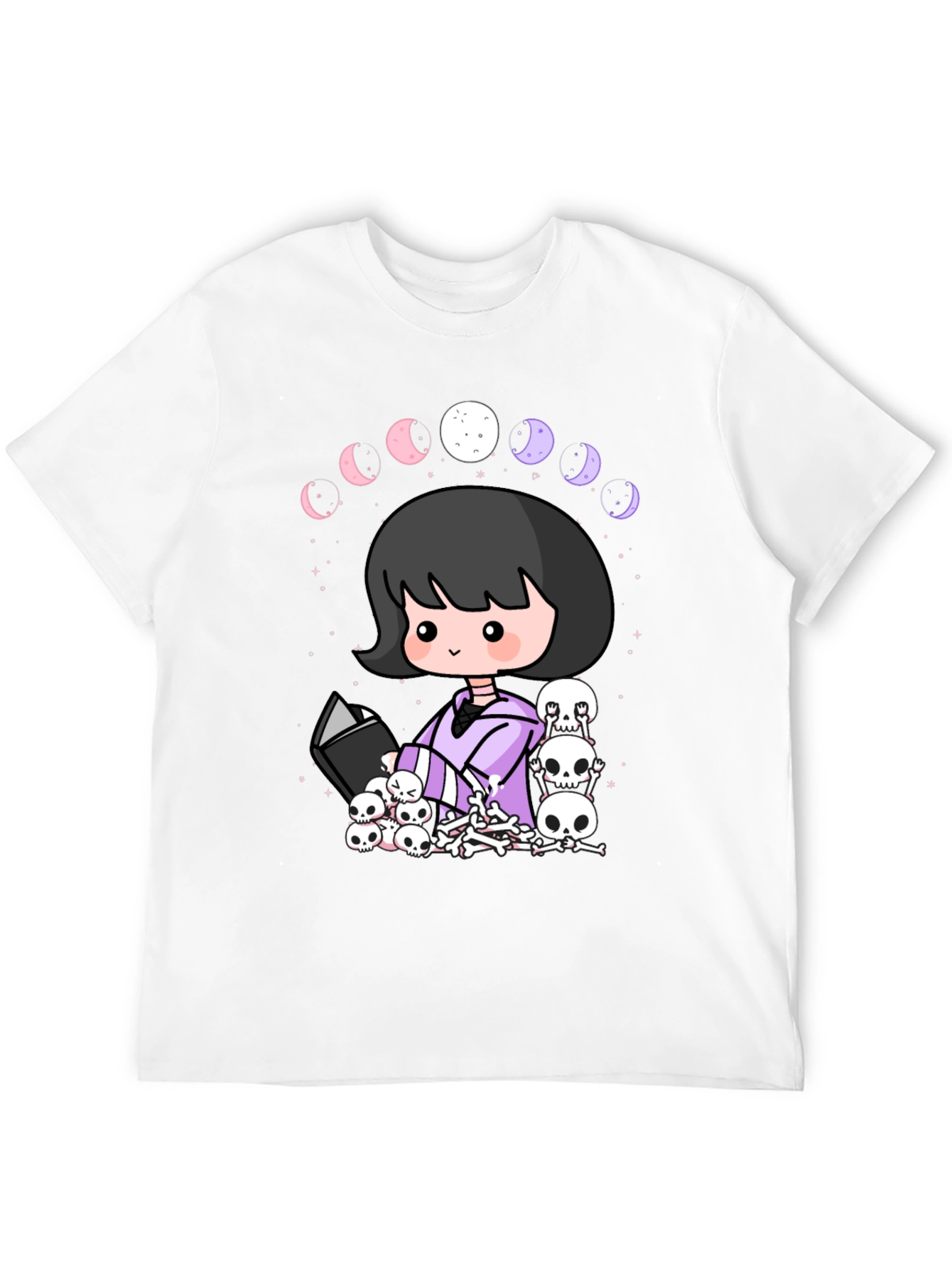 Kawaii Gothic Girl Moon Phases Skulls Black T-Shirt