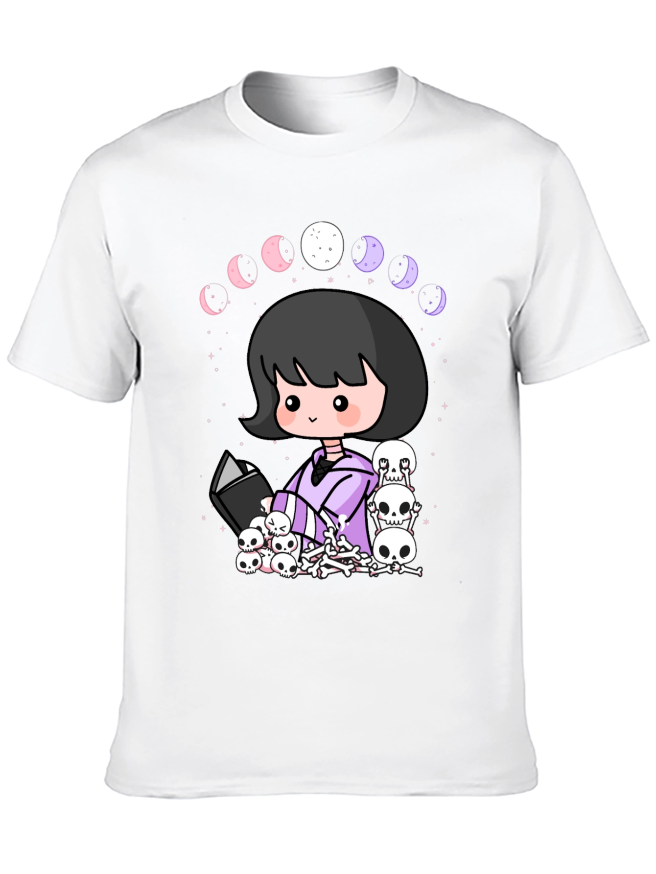 Kawaii Gothic Girl Moon Phases Skulls Black T-Shirt