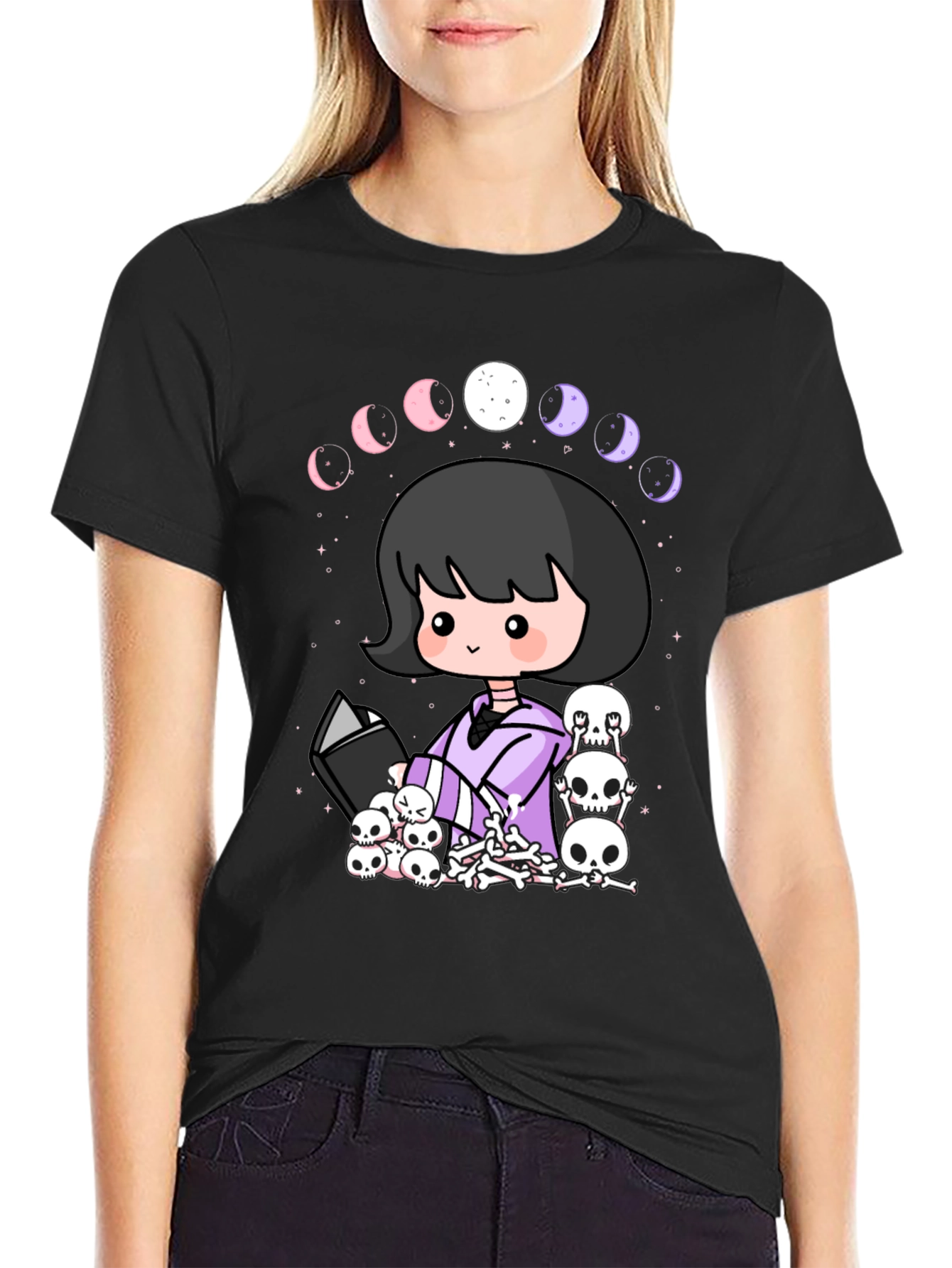 Kawaii Gothic Girl Moon Phases Skulls Black T-Shirt