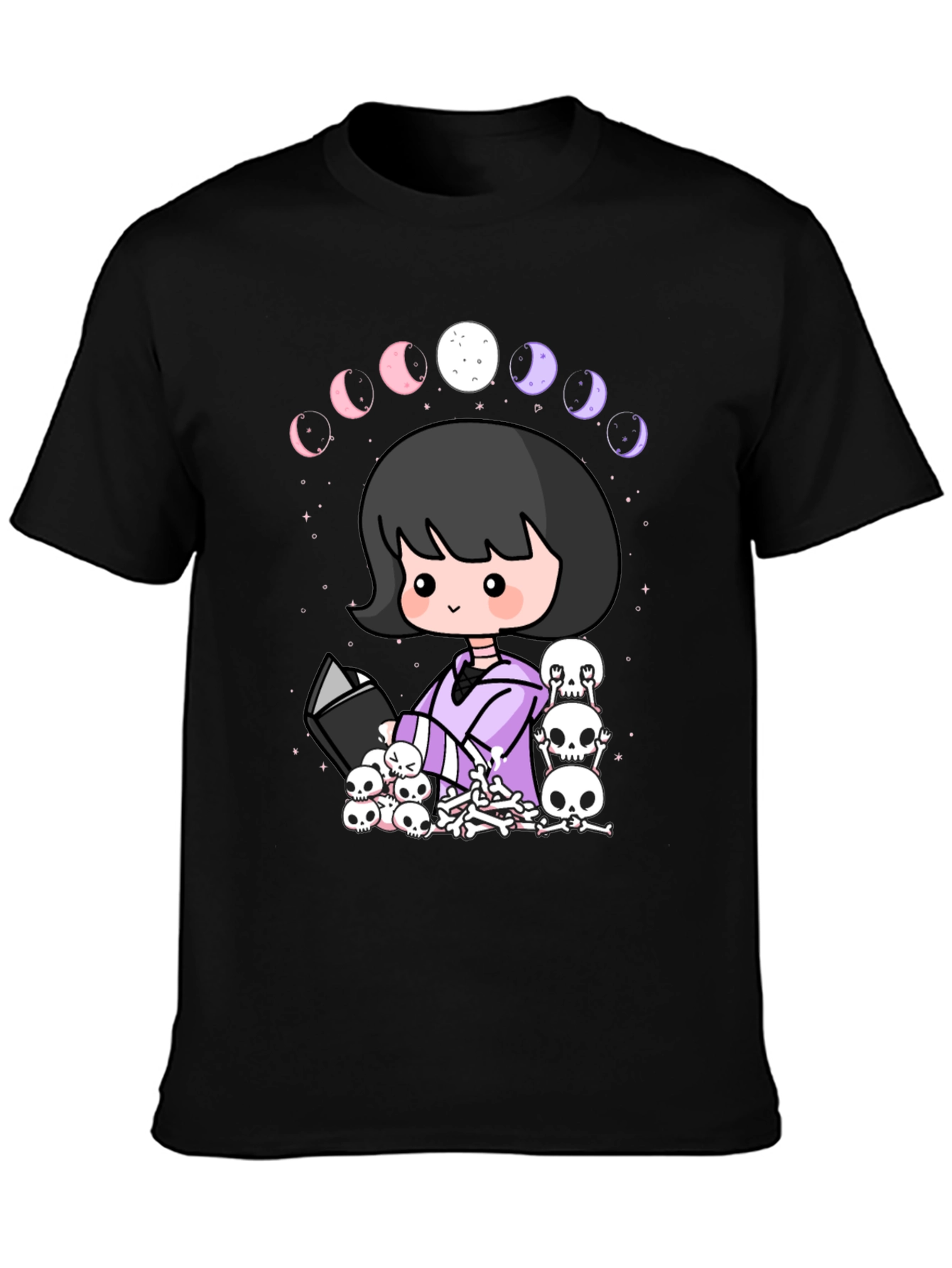 Kawaii Gothic Girl Moon Phases Skulls Black T-Shirt