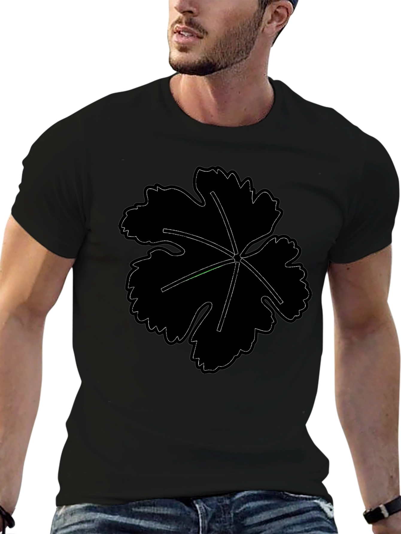 Mens Black T-Shirt with Leaf Design