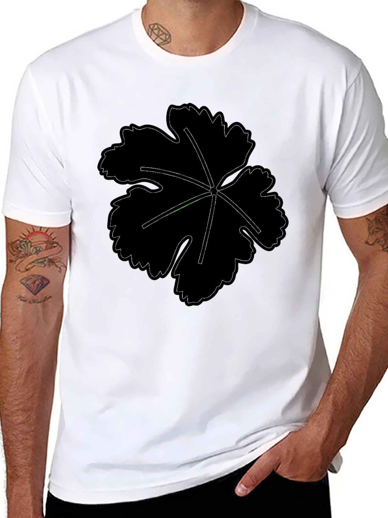 Mens Black T-Shirt with Leaf Design