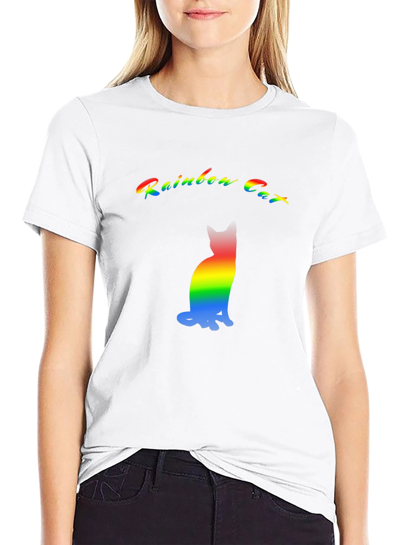 Rainbow Cat Graphic T-Shirt - Black Cotton Blend