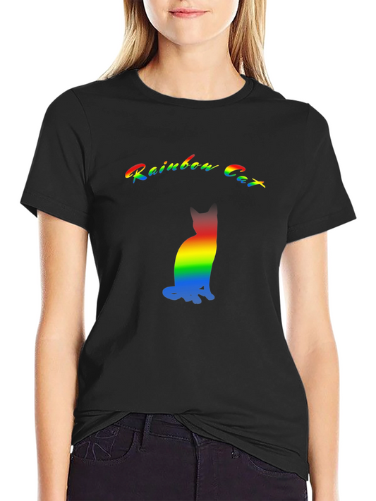 Rainbow Cat Graphic T-Shirt - Black Cotton Blend
