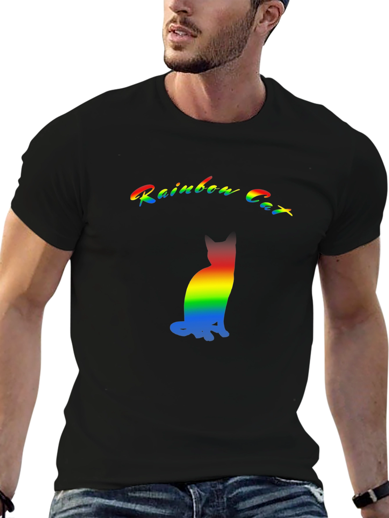 Rainbow Cat Graphic T-Shirt - Black Cotton Blend