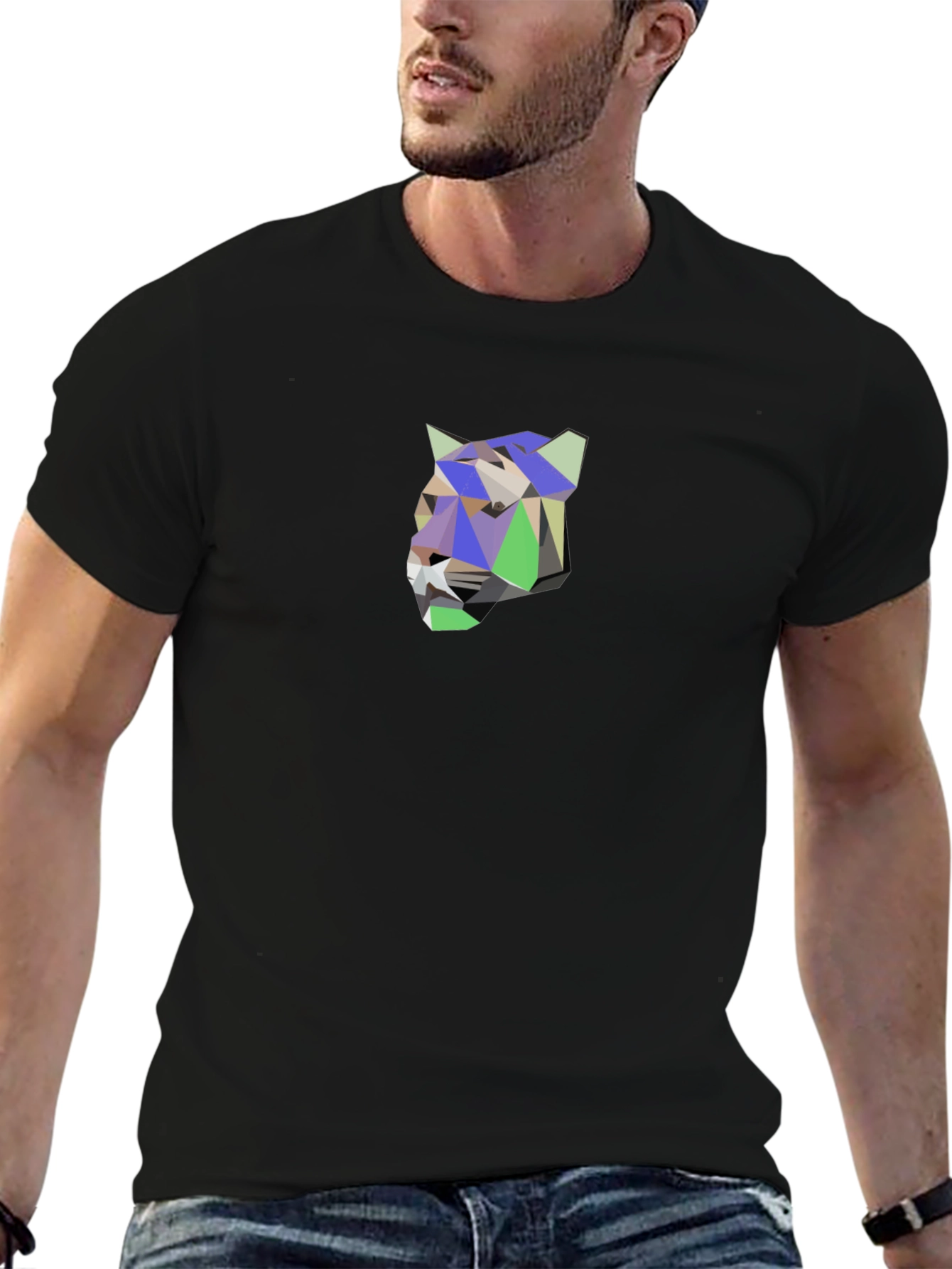Geometric Tiger Graphic Tee - Modern Mens Black T-Shirt