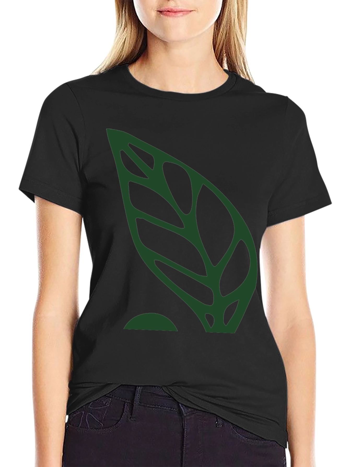 Green Leaf Graphic Black T-Shirt