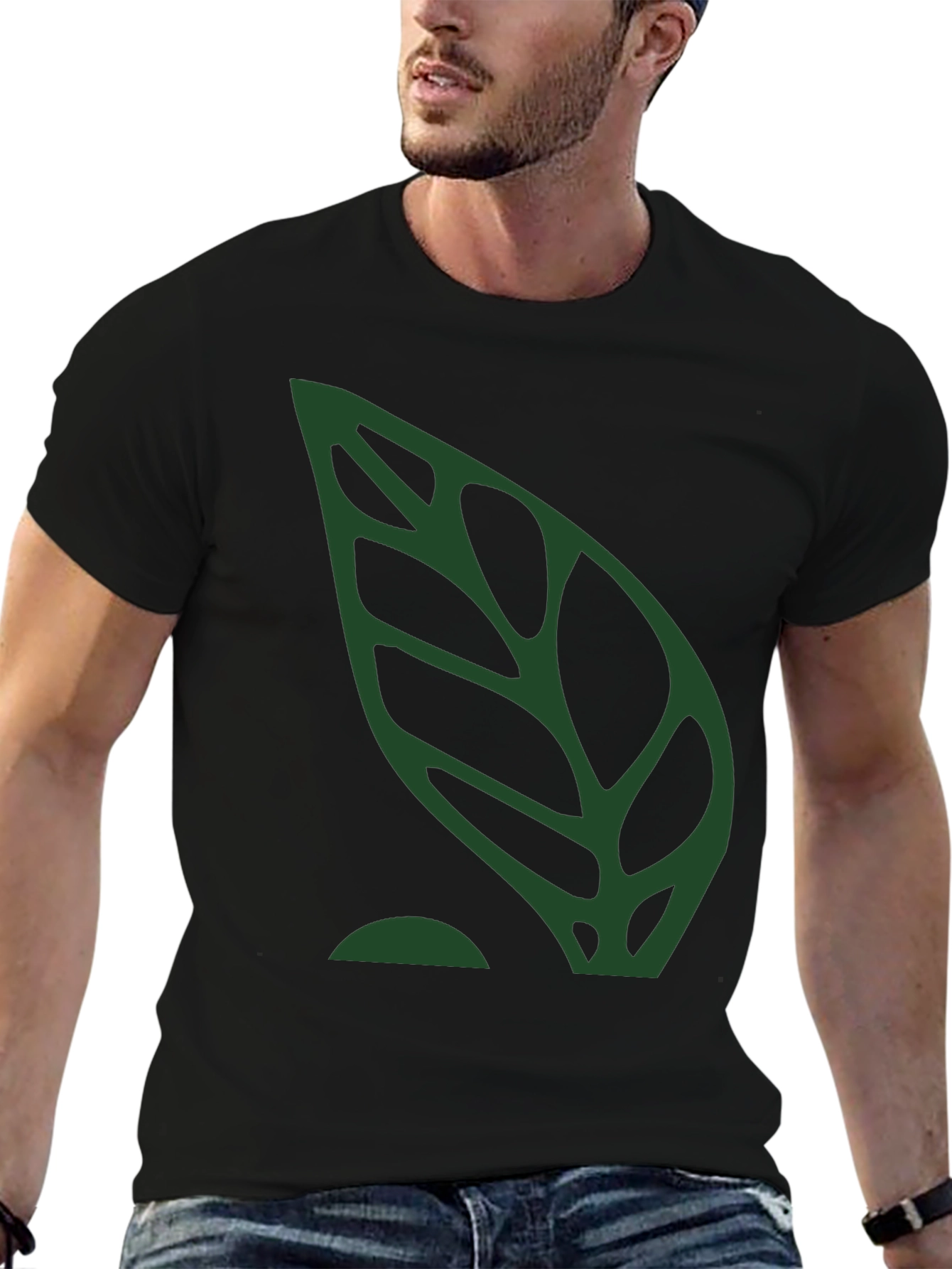 Green Leaf Graphic Black T-Shirt