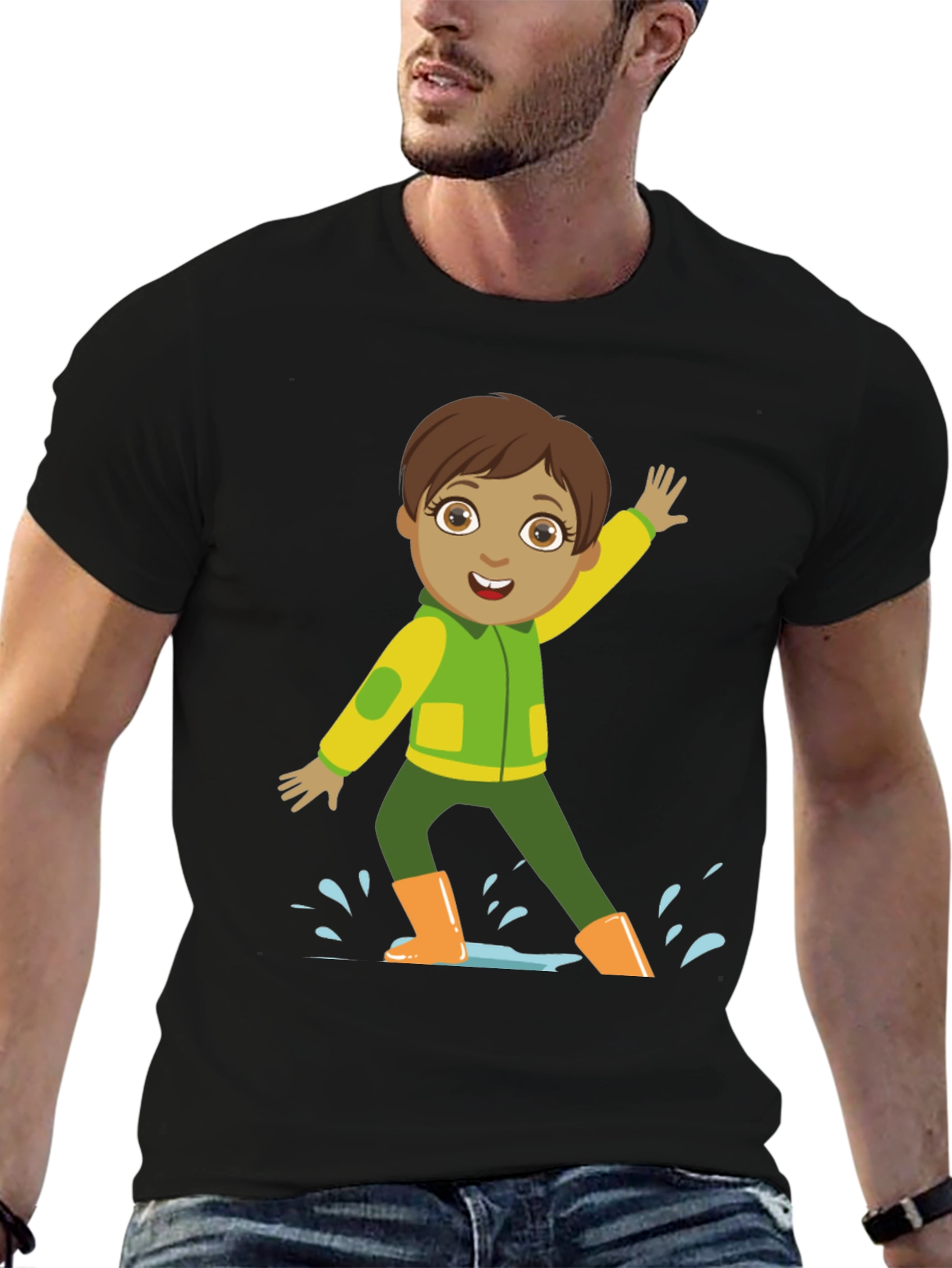 Cartoon Boy in Rain Boots Black T-Shirt