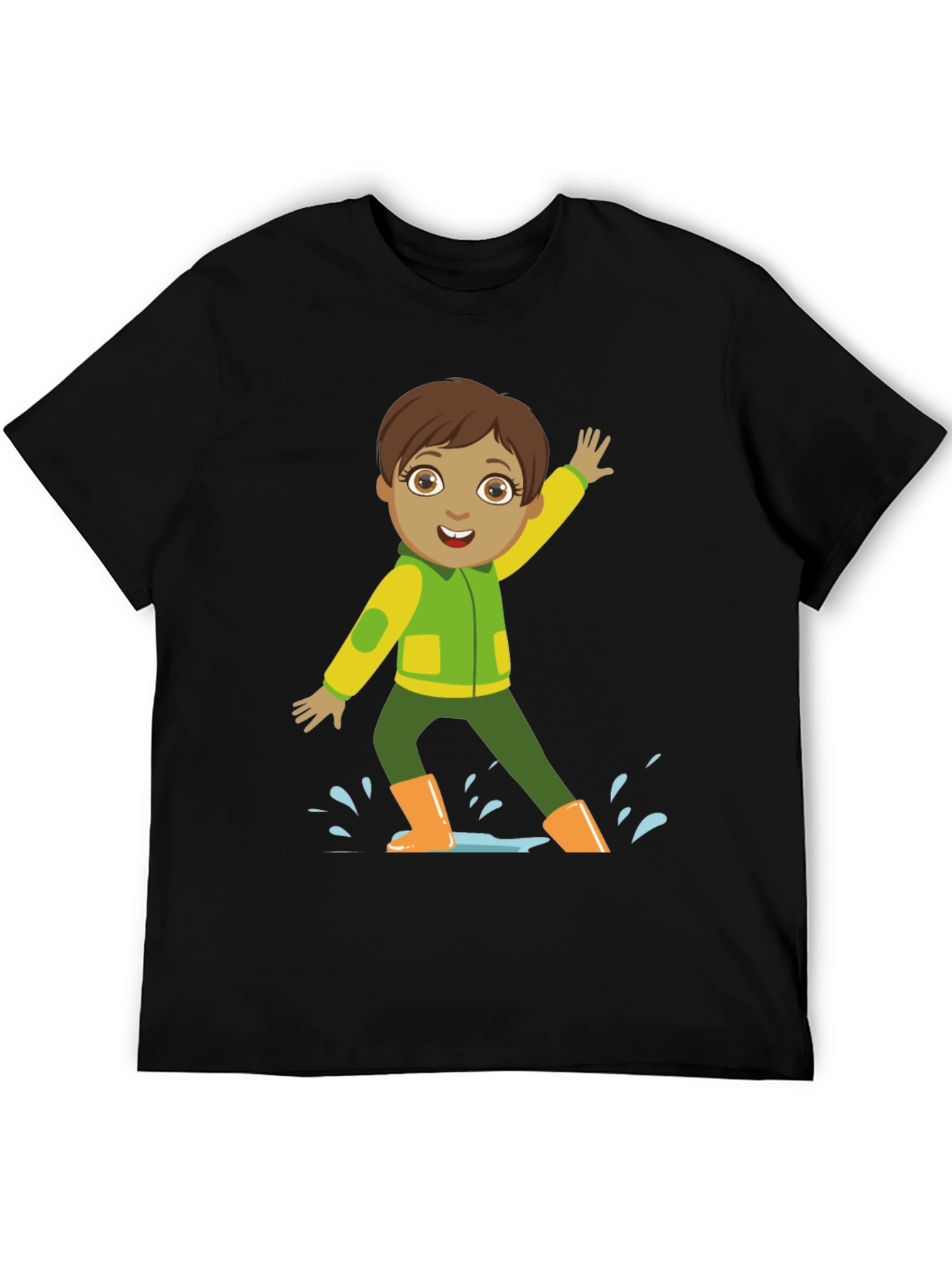 Cartoon Boy in Rain Boots Black T-Shirt