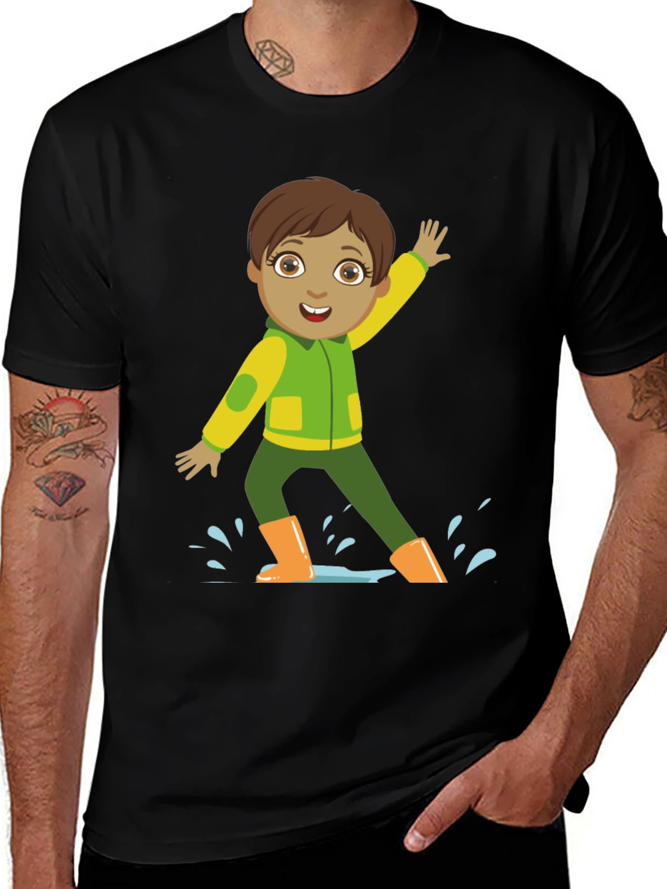 Cartoon Boy in Rain Boots Black T-Shirt