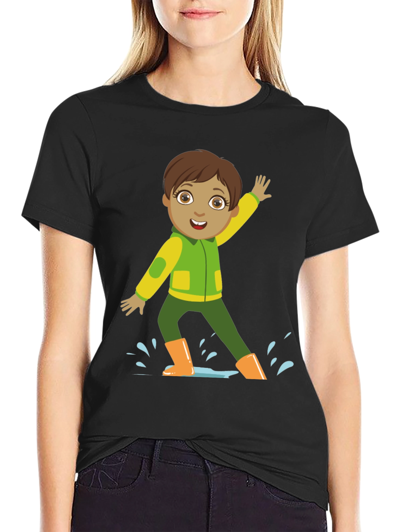 Cartoon Boy in Rain Boots Black T-Shirt