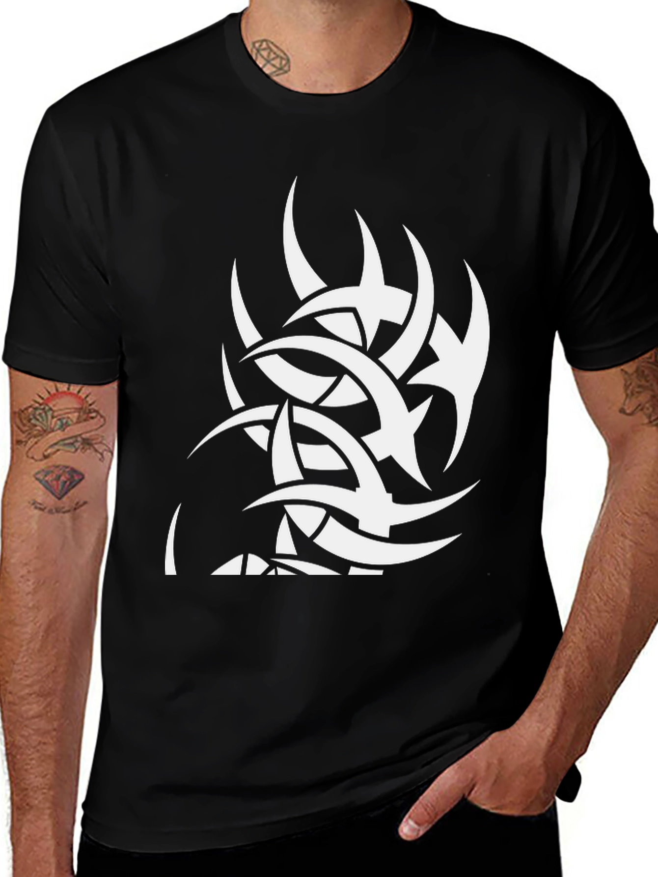 Black Tee with White Tribal Graphic Print