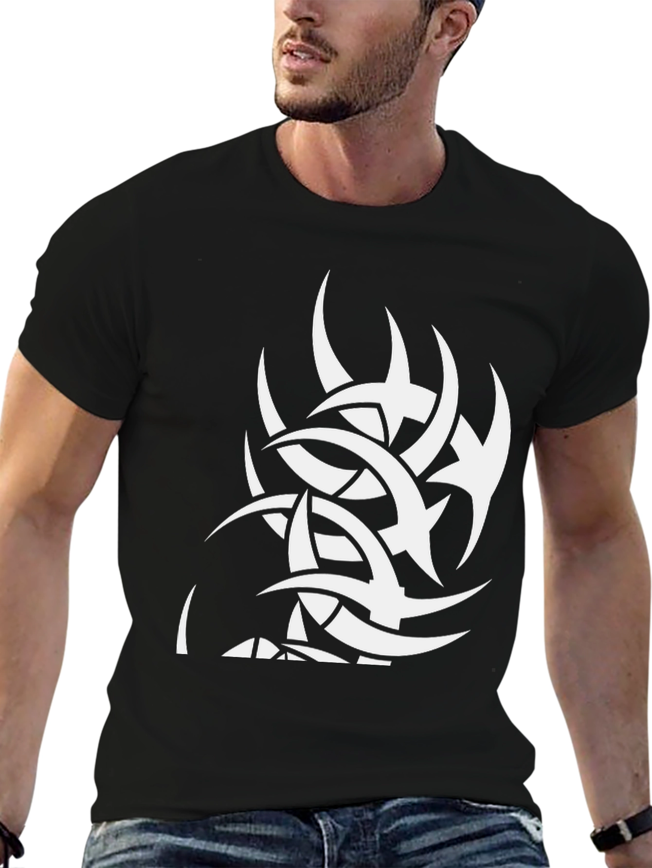 Black Tee with White Tribal Graphic Print