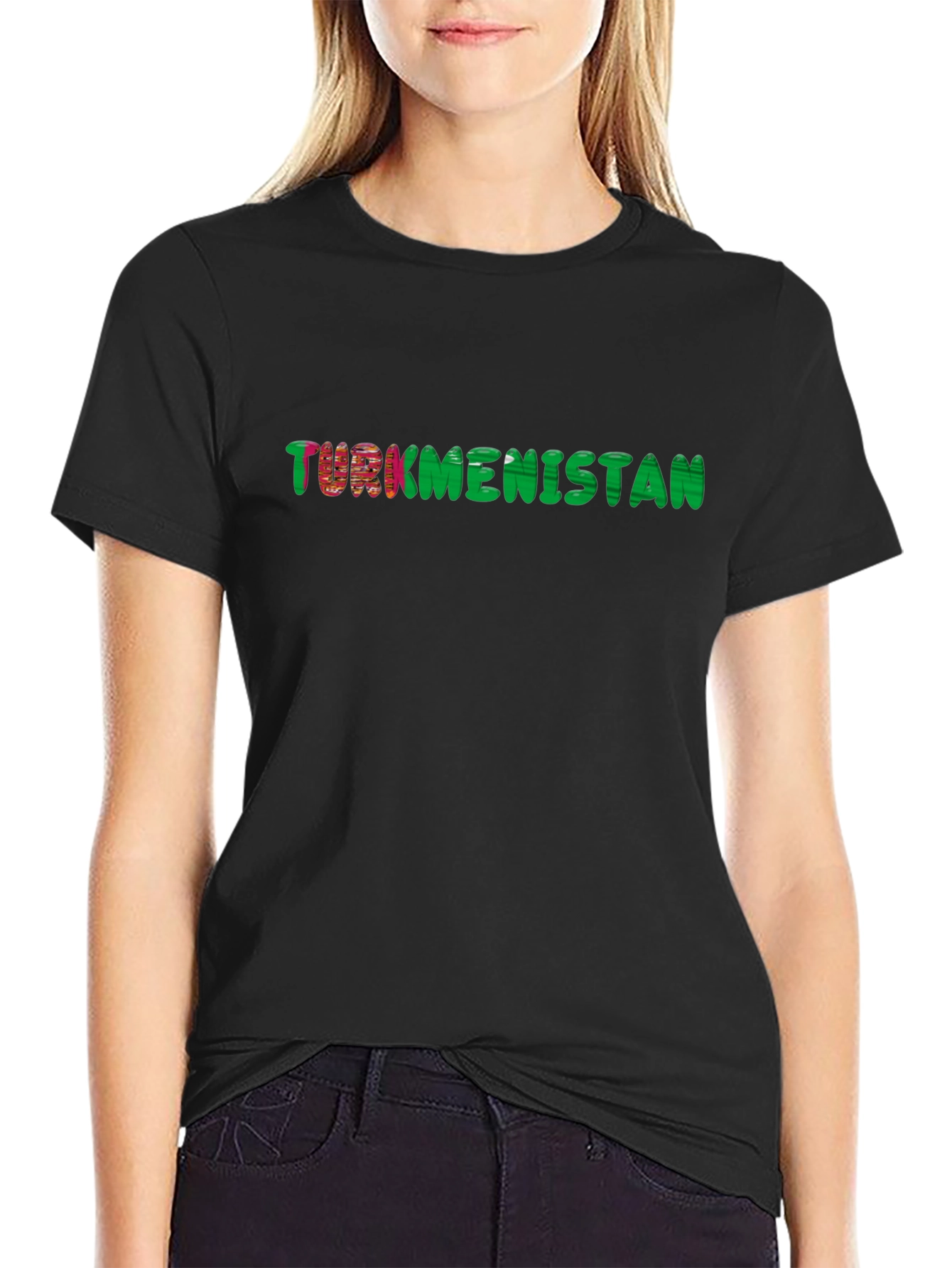 Turkmenistan Flag Text T-Shirt - Black Cotton Tee
