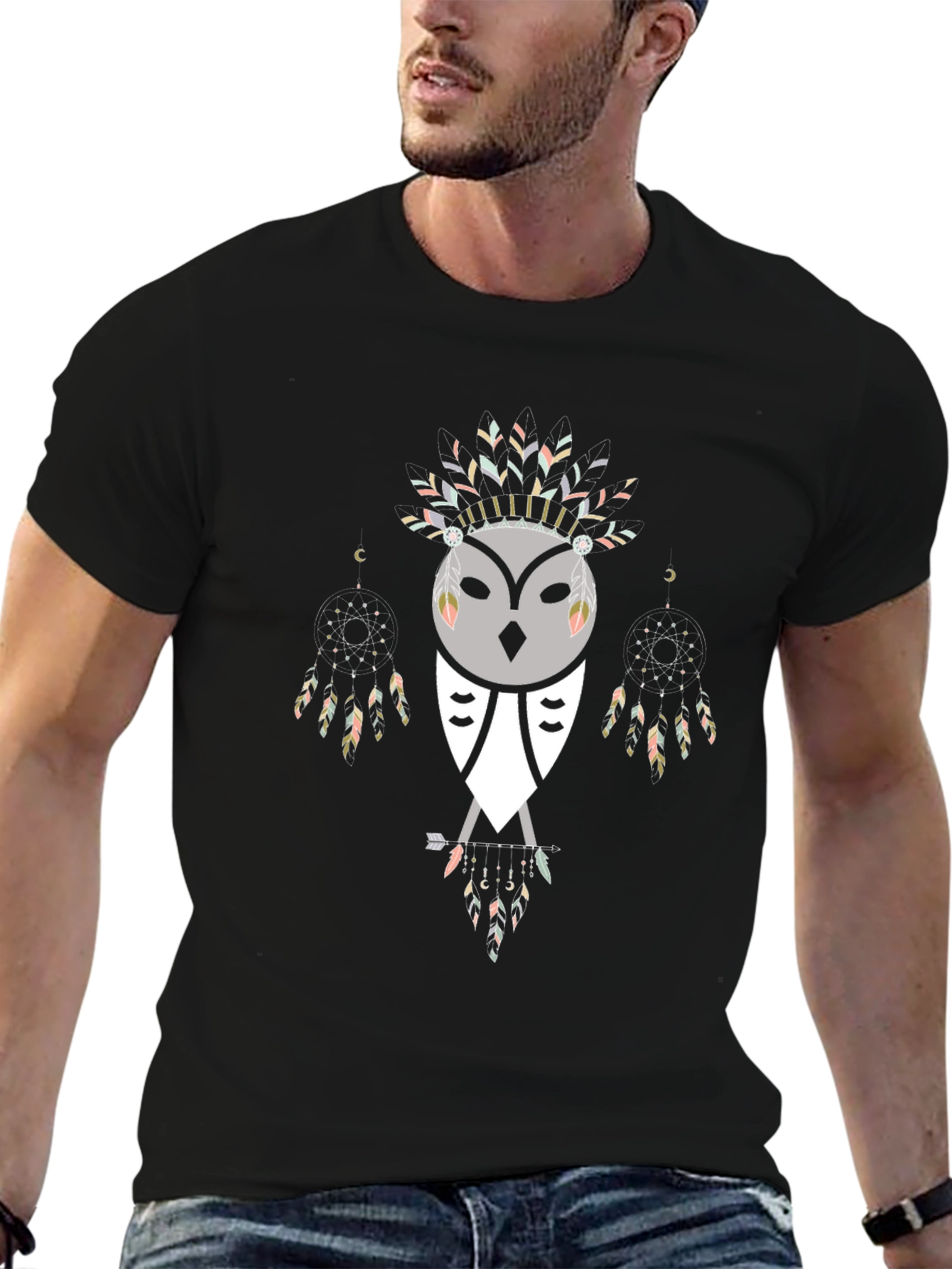 Tribal Owl Graphic Tee - Black Cotton Blend Shirt