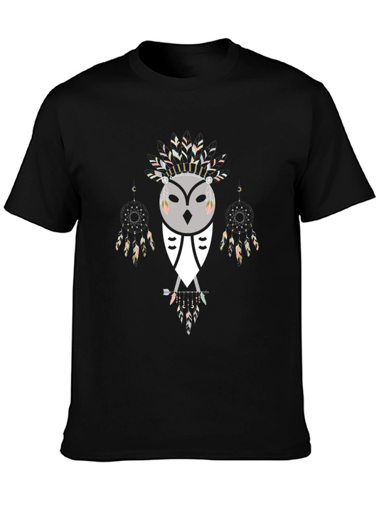 Tribal Owl Graphic Tee - Black Cotton Blend Shirt