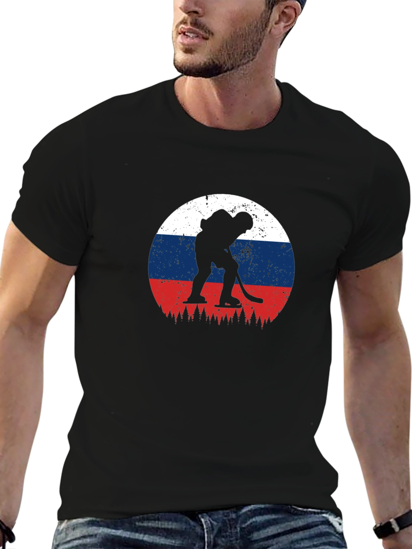 Hockey Player Russia Flag Graphic Tee