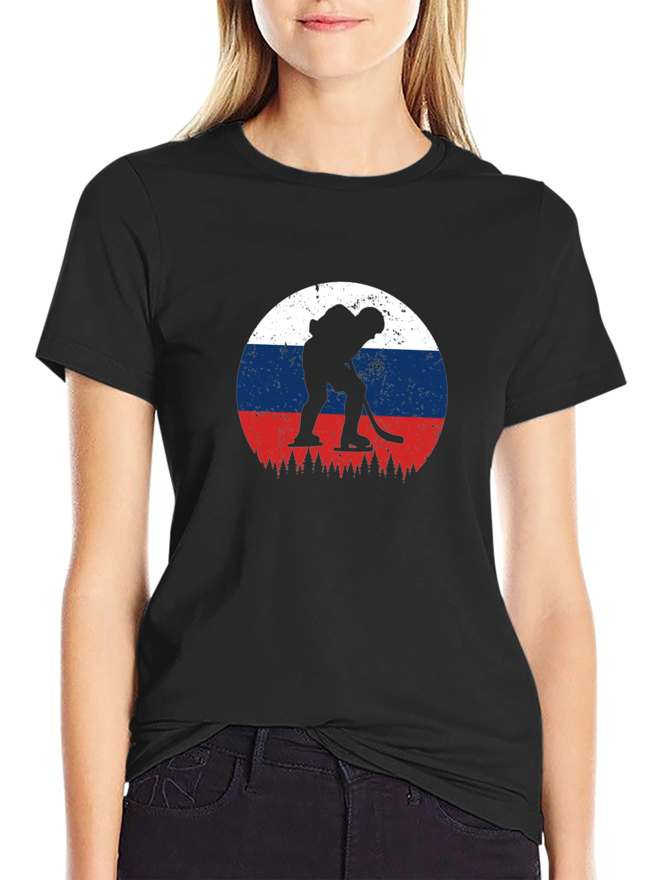 Hockey Player Russia Flag Graphic Tee
